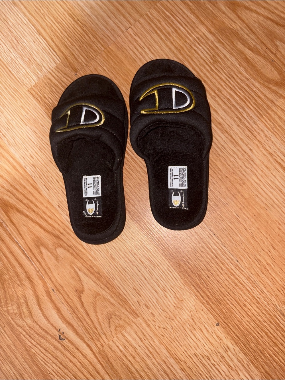 Champion Black Slides with Gold Embroidered Logo